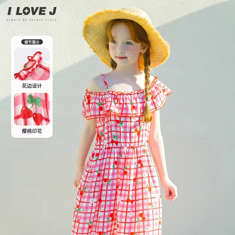 ILOVEJ童装2025夏季新款女童长款吊带连衣裙格纹度假风/JXUOP18