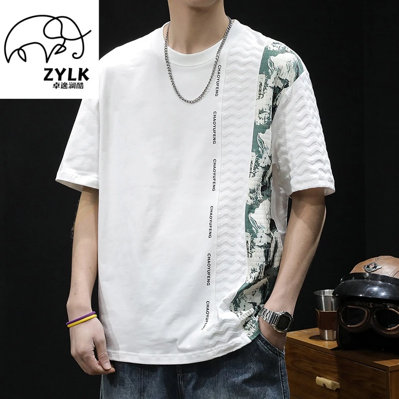 青春活力拼接短袖夏季3D效果T恤大码薄款半袖美式休闲百搭潮流