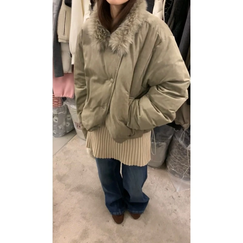 韩系复古高级感气质纯色保暖加厚外套高腰宽松阔腿牛仔长裤两件套