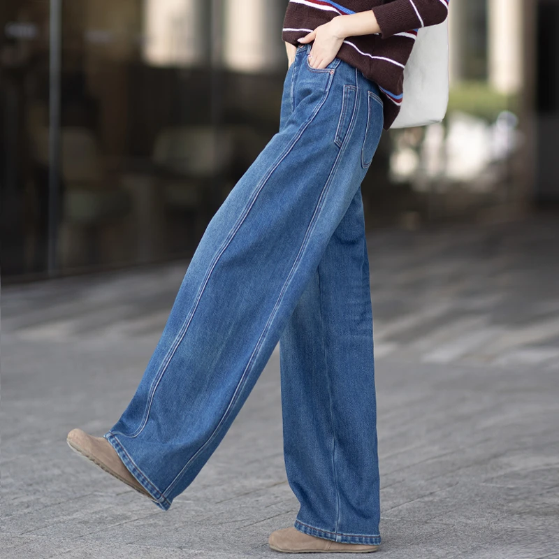 蓝色加绒牛仔裤女款爆款2025新款裤子秋冬款宽松阔腿裤高腰弯刀裤
