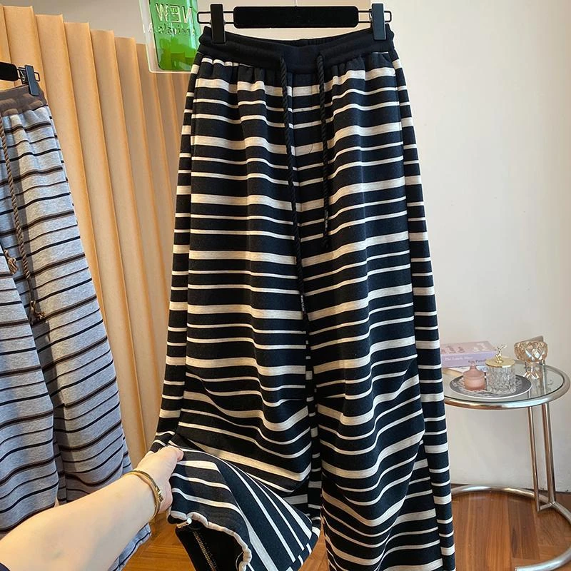 300斤加大码条纹拼色欧货时尚阔腿裤初秋男女洋气撞色腰头休闲裤