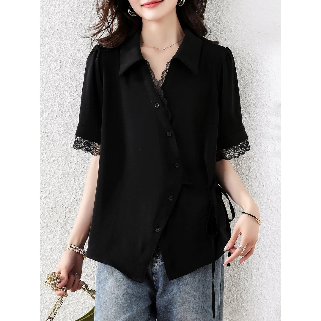 2025夏季新款大码女装衬衫时尚休闲宽松显瘦微胖短袖上衣洋气小衫
