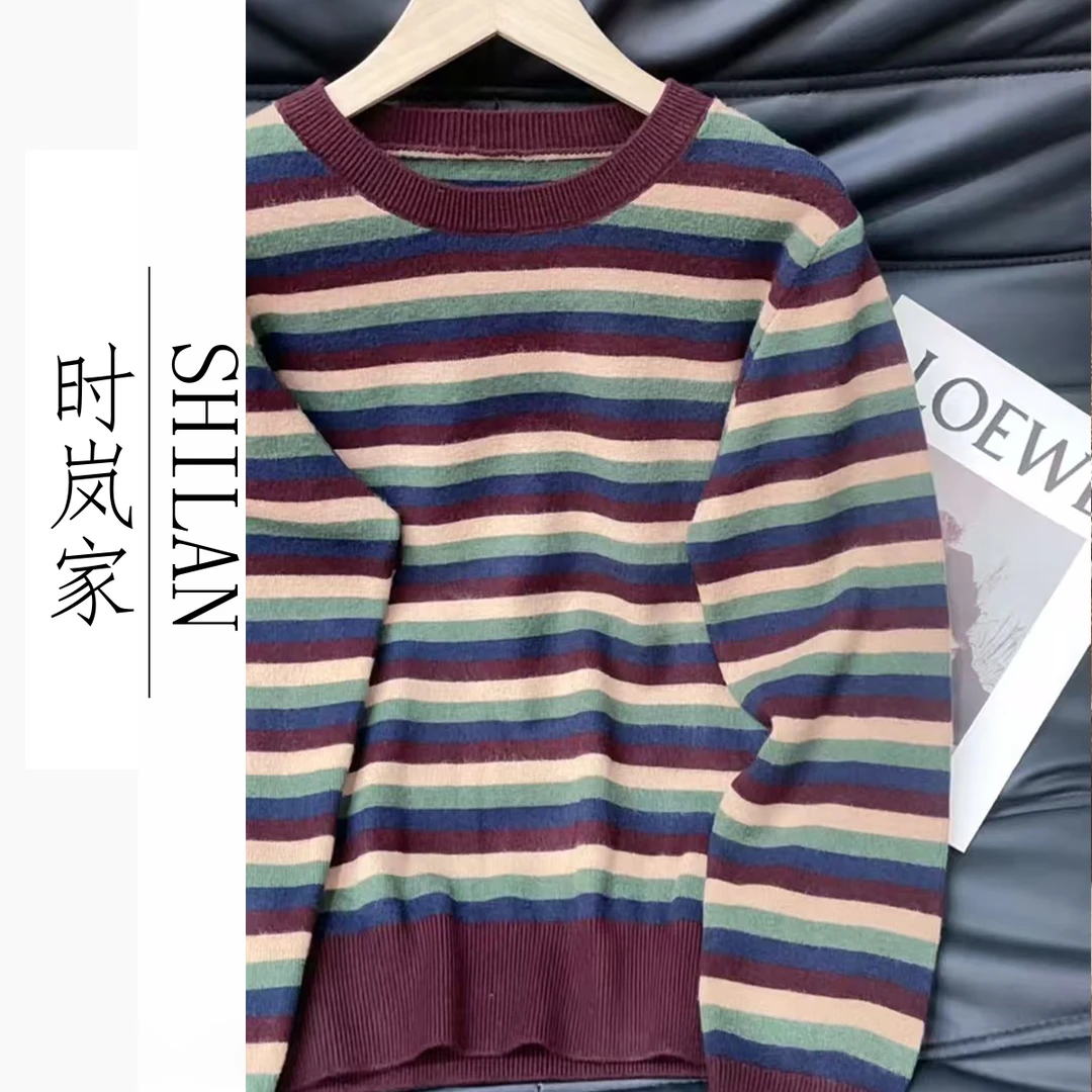 【浪漫彩虹】显瘦时尚拼色条纹圆领针织衫套头打底毛衣外搭