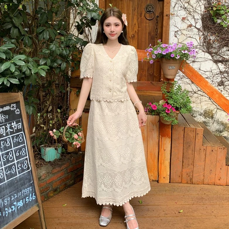 C-8968包包专属夏季新款气质蕾丝短袖上衣+半身裙两件套