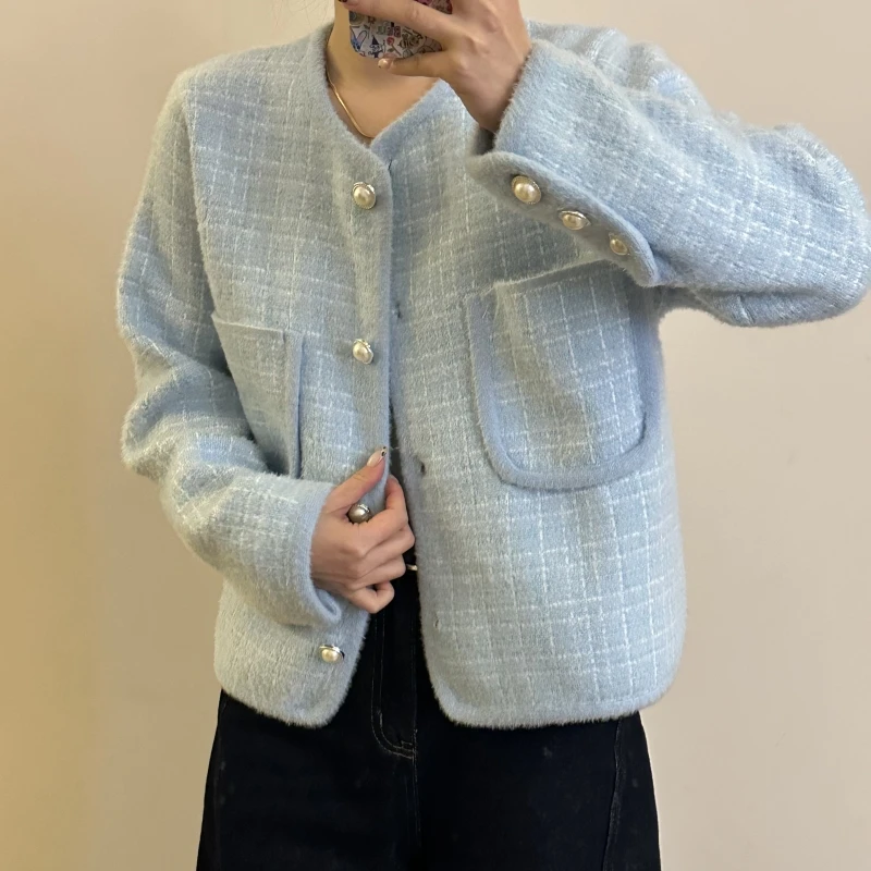 新款气质时尚短款百搭时尚法式女装小香风-B767蓝白