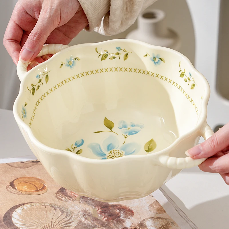 2个装【大汤碗】奶油风兰铃花大容量汤碗陶瓷家用汤碗双耳餐具组合