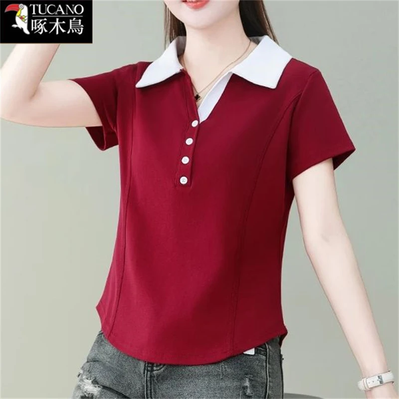 啄木鸟翻领短袖休闲T恤女士气质减龄百搭纯色夏装上衣2025年新款