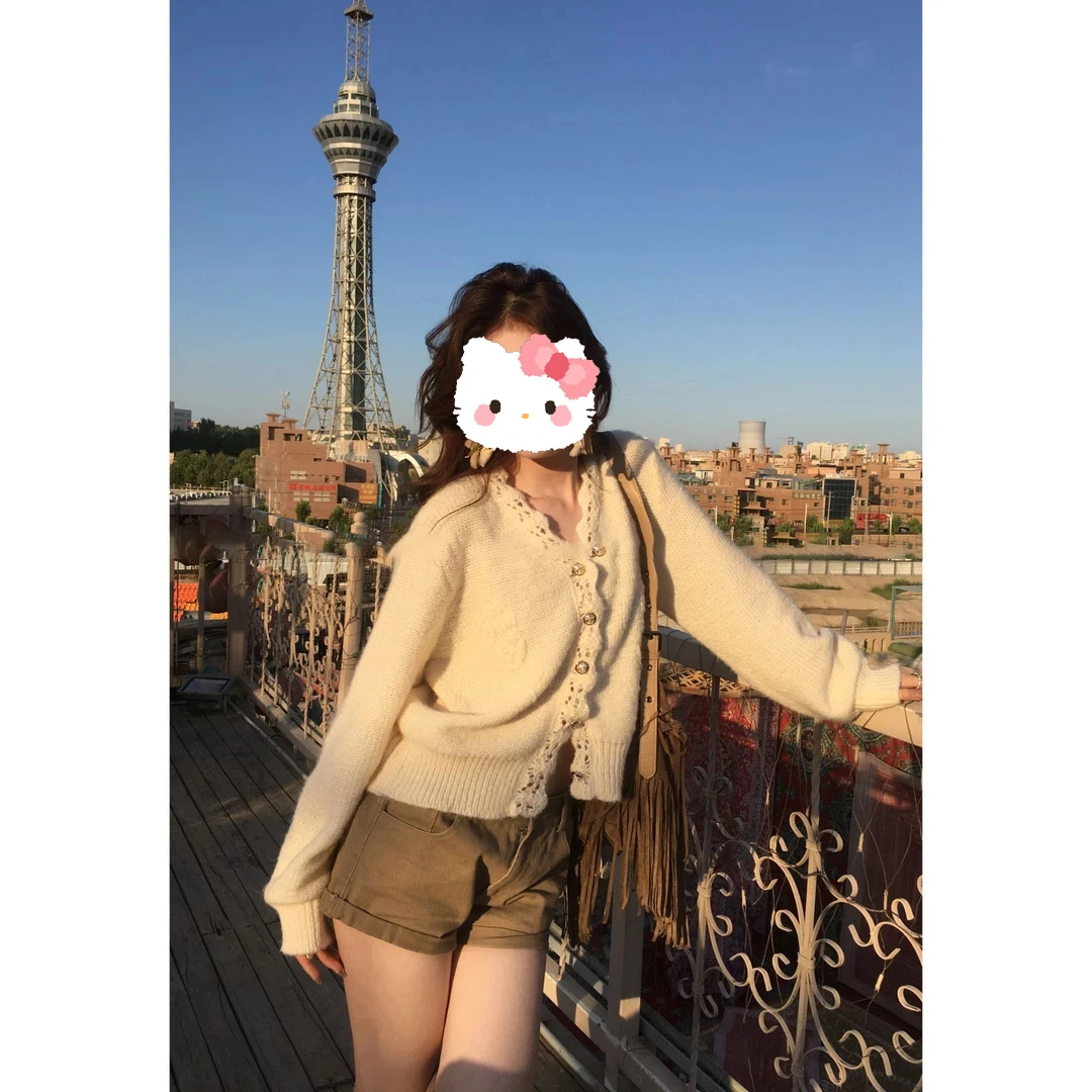 【柏林纪事】新款针织开衫气质时尚百搭设计感小众钩花拼接上衣