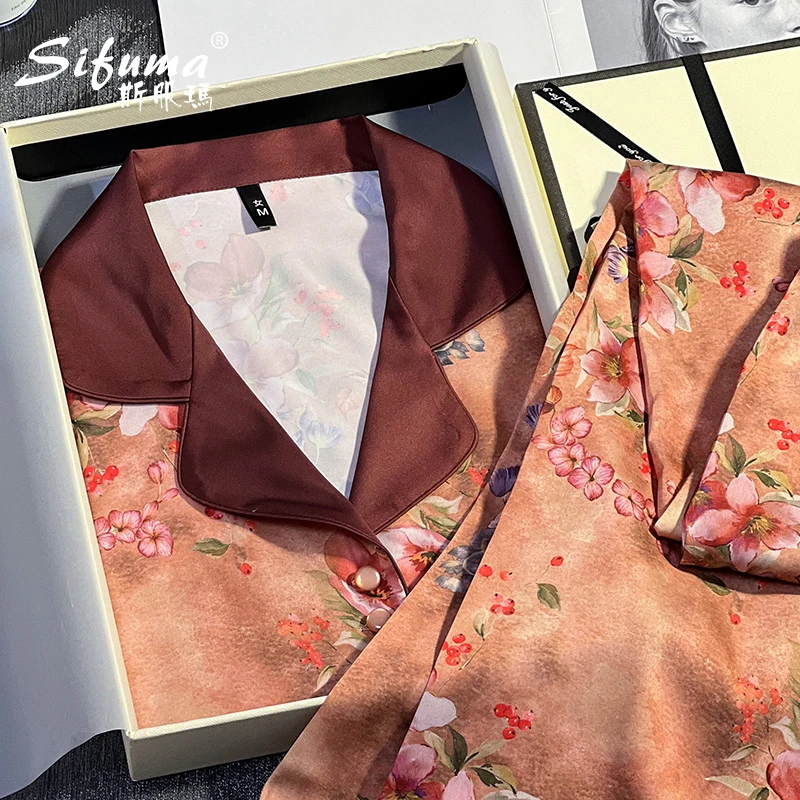 Sifuma/斯服玛《繁花似锦》春秋丝质短袖长裤两件套装睡衣家居服女