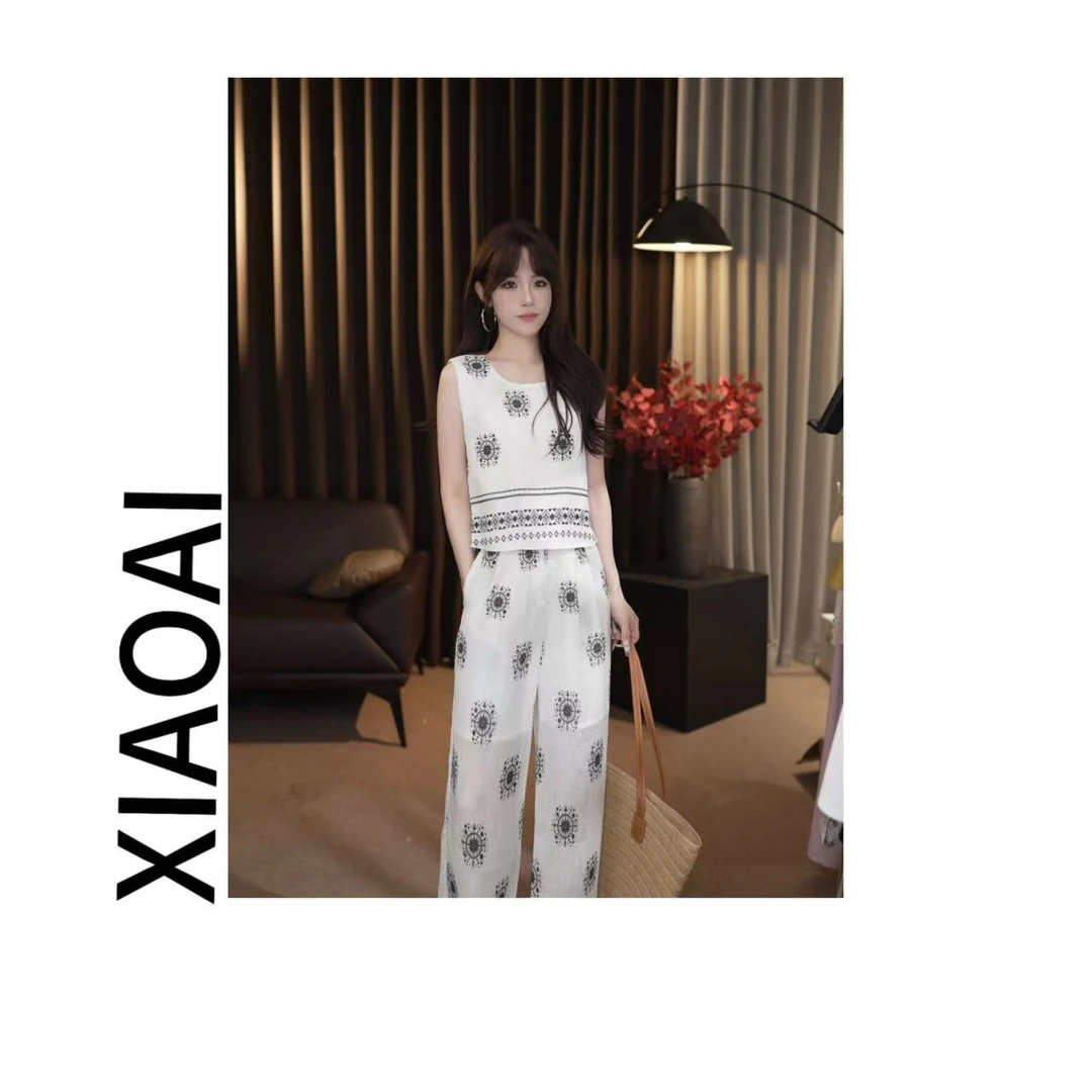 小艾F085初夏新款2025高级气质显瘦花边无袖马甲+直筒裤套装女