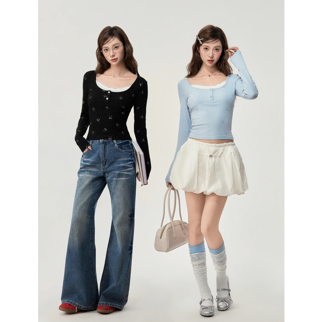 【小野莓】春季韩版气质设计感蕾丝领修身显瘦长袖打底T恤BT96876