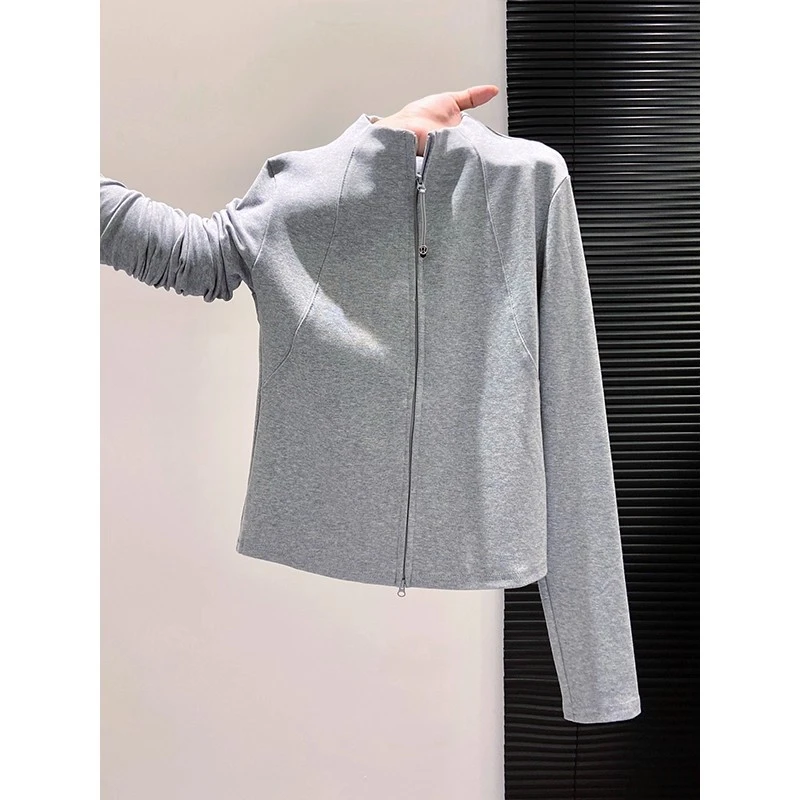 秋冬新款ins鱼骨拉链立领长袖T恤修身显瘦百搭通勤运动开衫上衣女