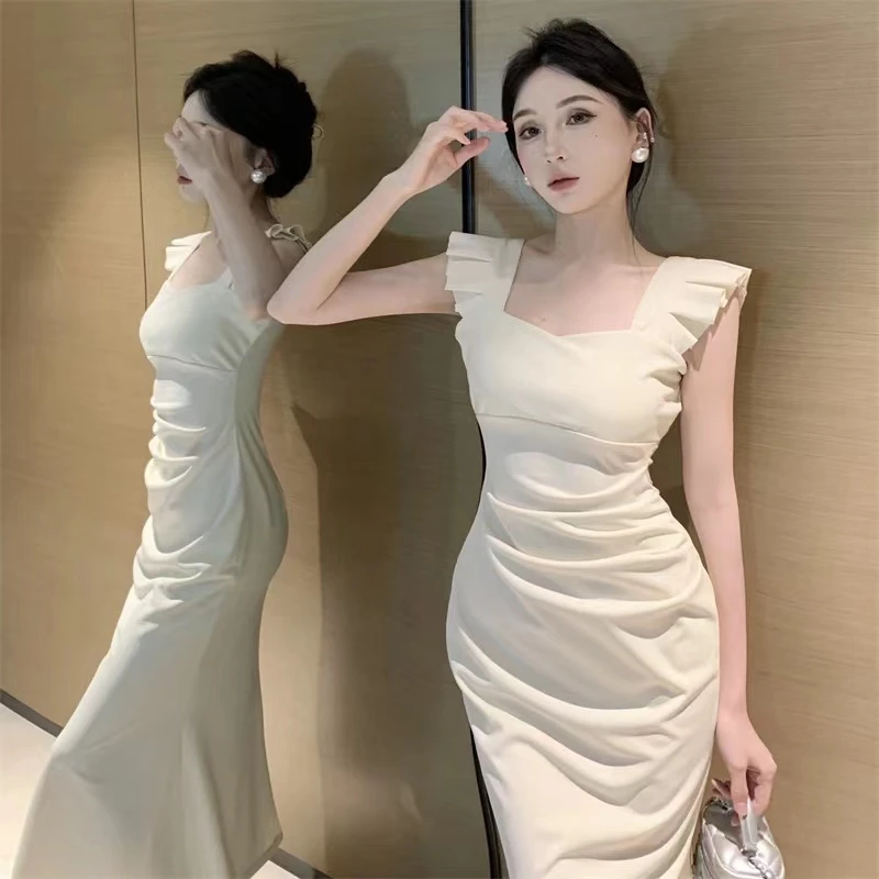 【KNJ】小个子定制连衣裙夏季新款方领小飞袖修身高腰显瘦鱼尾长裙