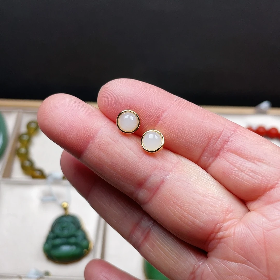 和田玉耳饰银S925镶嵌