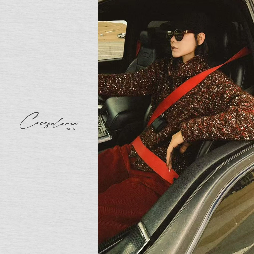 韩彬彬"小香女孩"秋冬季绒粒暖意花纱大翻领松弛慵懒开衫2214-6