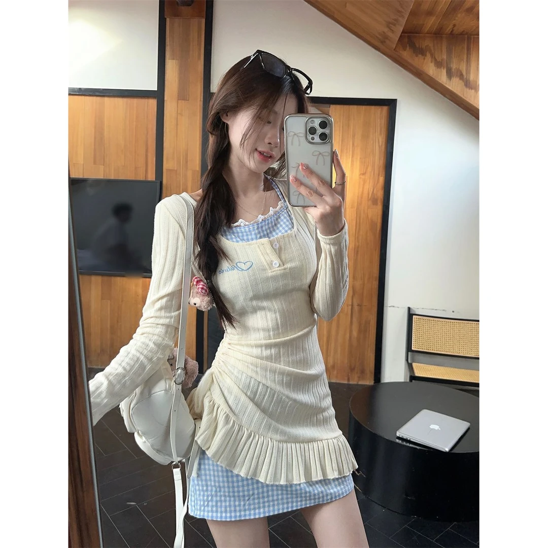 甜美风两件套连衣裙女春夏新款设计感小众不规则系带纯欲挂脖套装