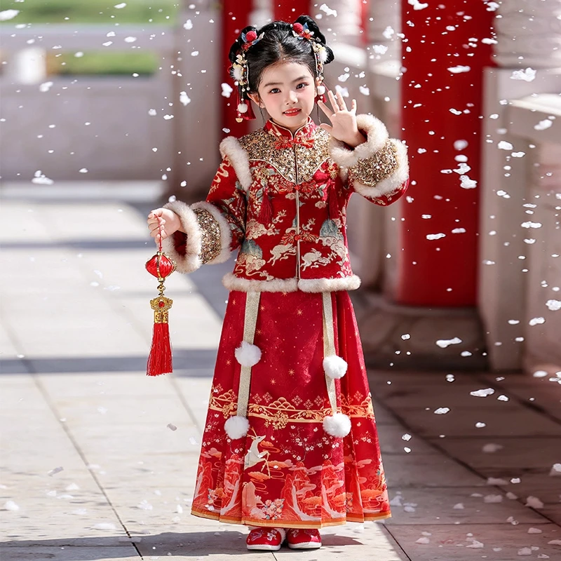 拜年服汉服女童冬装红色马面裙国风新年裙子喜庆女孩唐装儿童套装