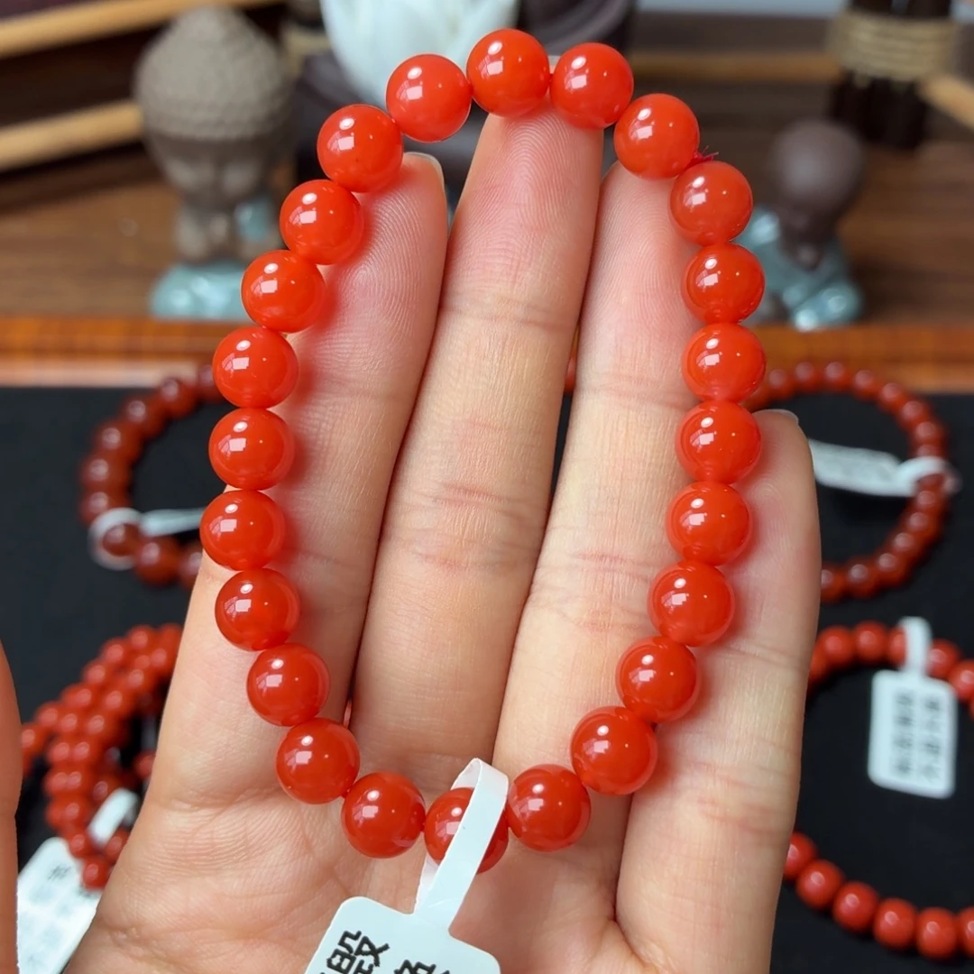 南红玛瑙未镶嵌手串保山原矿南红大黑洞鲜柿子红卡7+