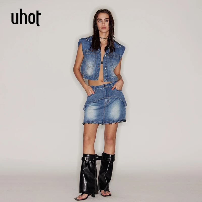 UHOT 蓝色复古水洗百搭时尚立体解构式牛仔短裙品质女装UWFR1Q225