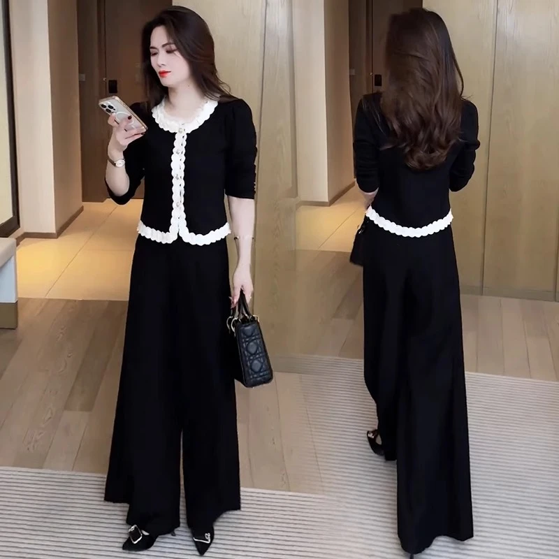 时尚洋气套装女2025春季新款小香风蕾丝拼接T恤阔腿裤显瘦两件套