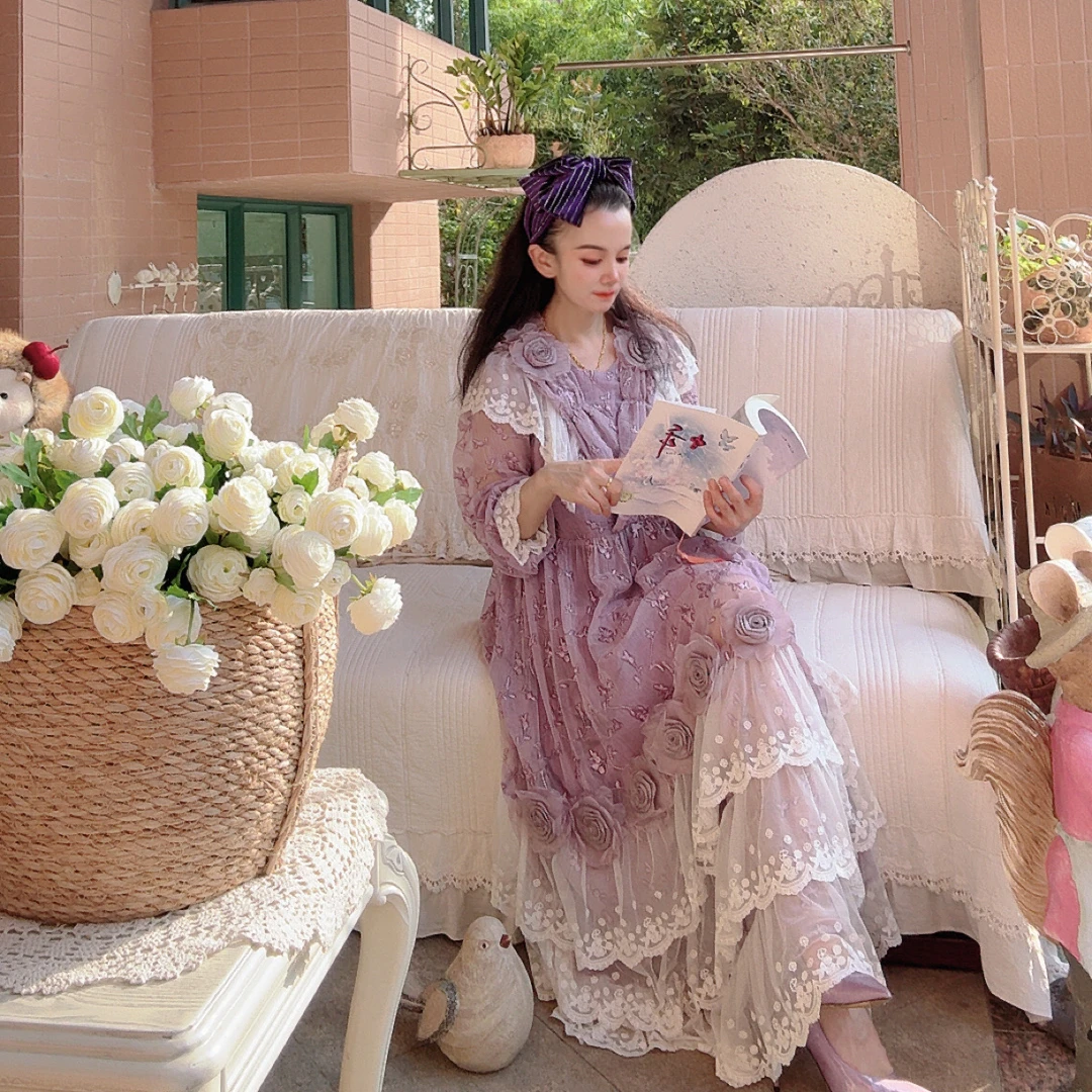 安霓王妃【紫色诗集】设计师原创私服唯美法式度假洛丽塔大码连衣裙