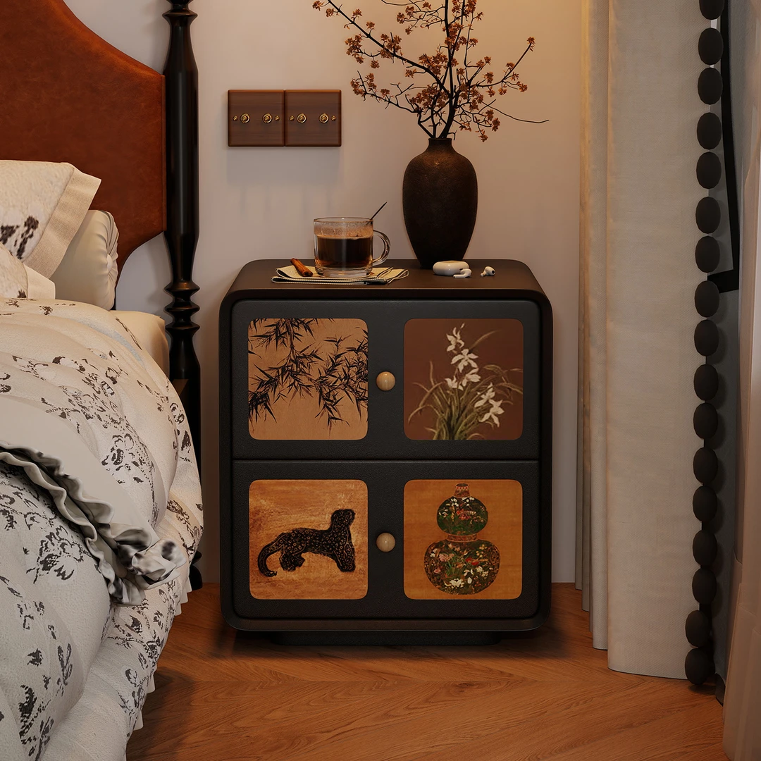 希静中古风床头柜复古风设计感实木床边柜创意黑色收纳柜落地家用