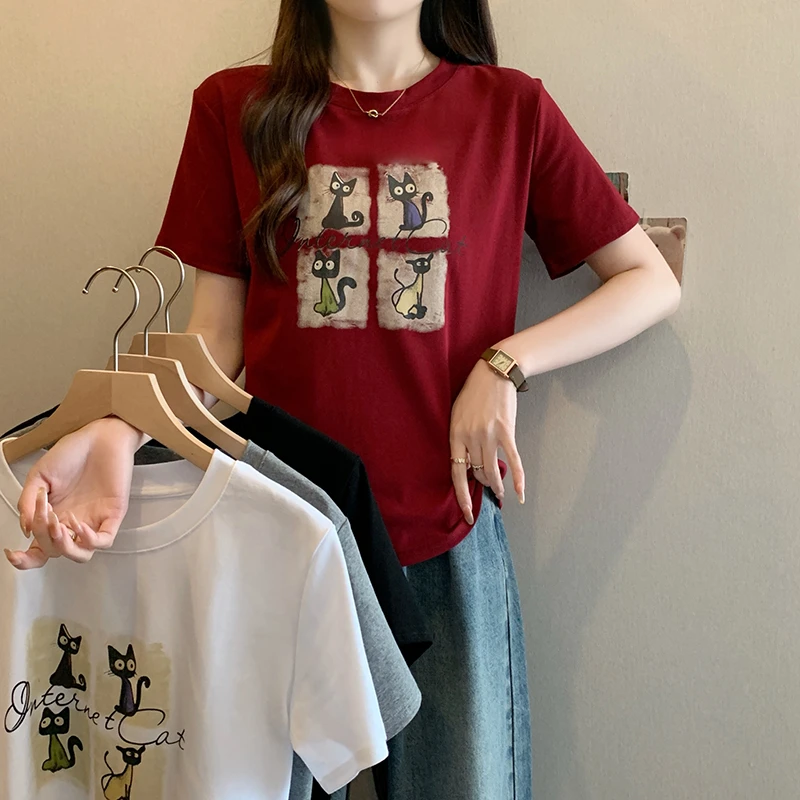 2025夏装新款胖mm大码女百搭猫咪字母印花短袖T恤上衣
