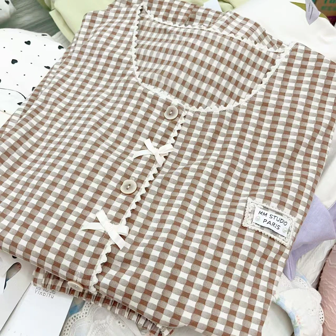 【B115】紧赛棉加厚小香精品秋冬款卡其格子蝴蝶结款长袖+胸垫