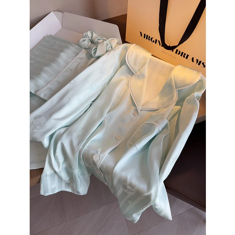 法式轻奢清新条纹Kitty冰丝睡衣女秋季新款长袖长裤可外穿家居服