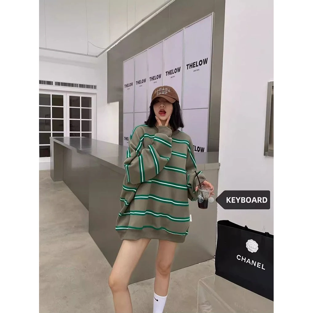 美式慵懒条纹加绒卫衣女2025秋季新款大码微胖mm显瘦遮肉套头上衣