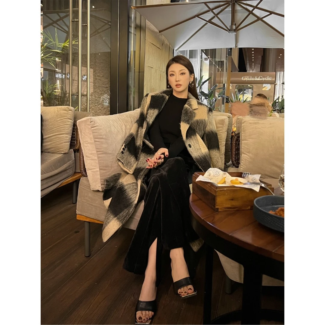 KIKI【法式温柔】洋气格子百搭长款大衣