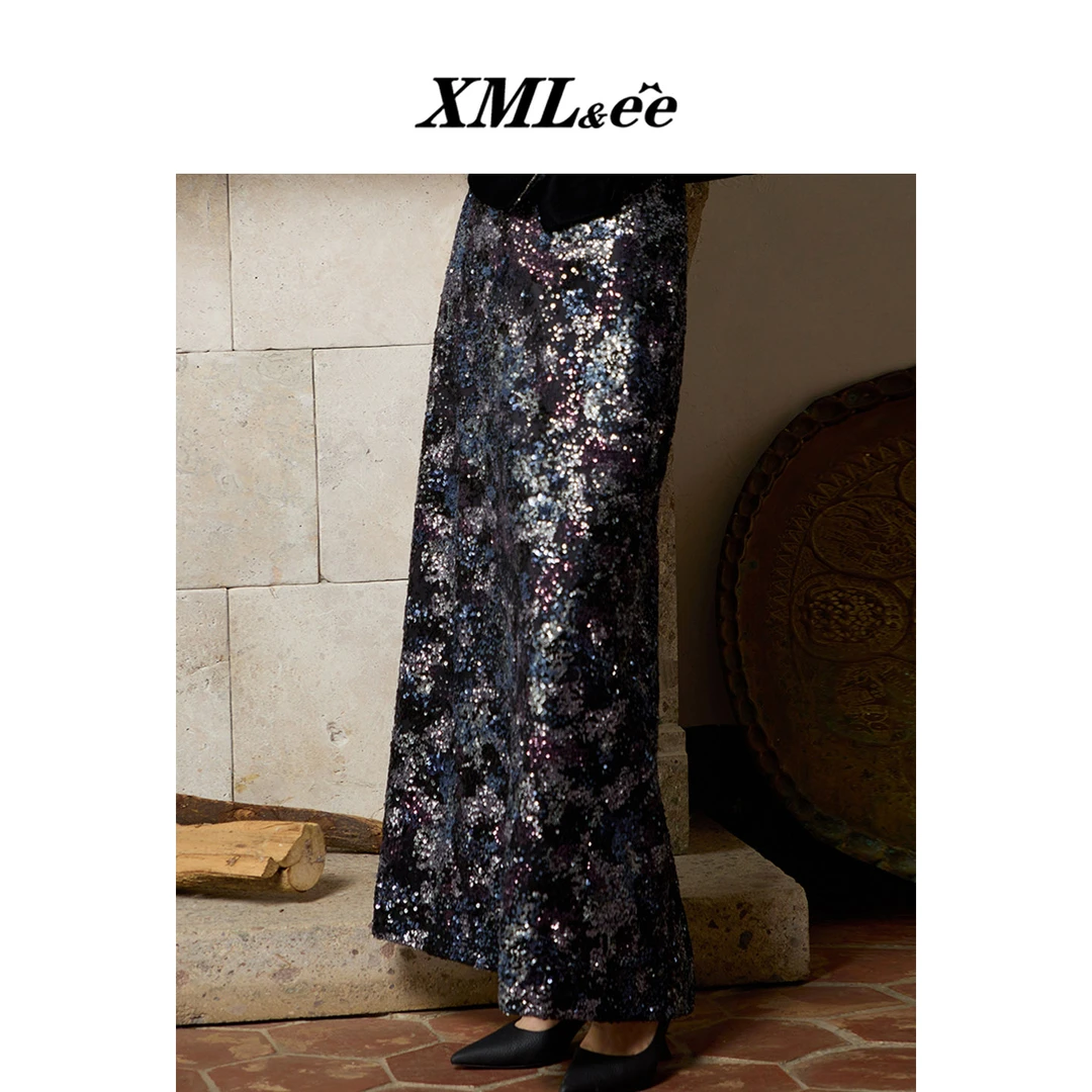 XMLee艾米尔 琥珀流光黑色手工珠片重工半身裙 X432Q5174