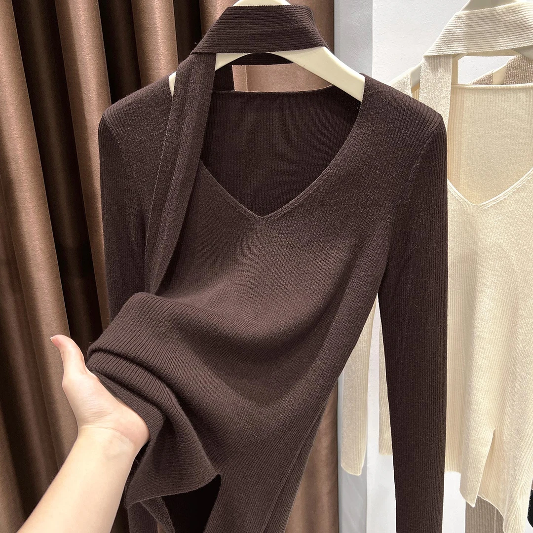 洋气咖色V领长袖针织上衣秋冬新款超好看飘带设计感打底衫薄款T恤