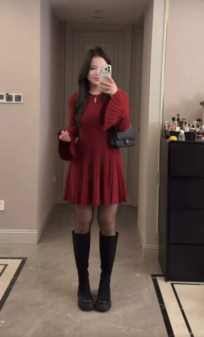 秋冬新款微胖妹妹轻熟风喇叭袖长袖时尚气质百褶显瘦连衣裙8363