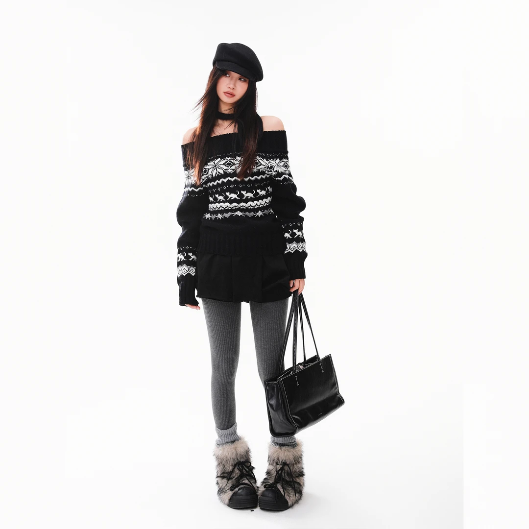 【龟龟家】复古粗织一字肩费尔岛毛衣秋冬宽松圣诞上衣外套女