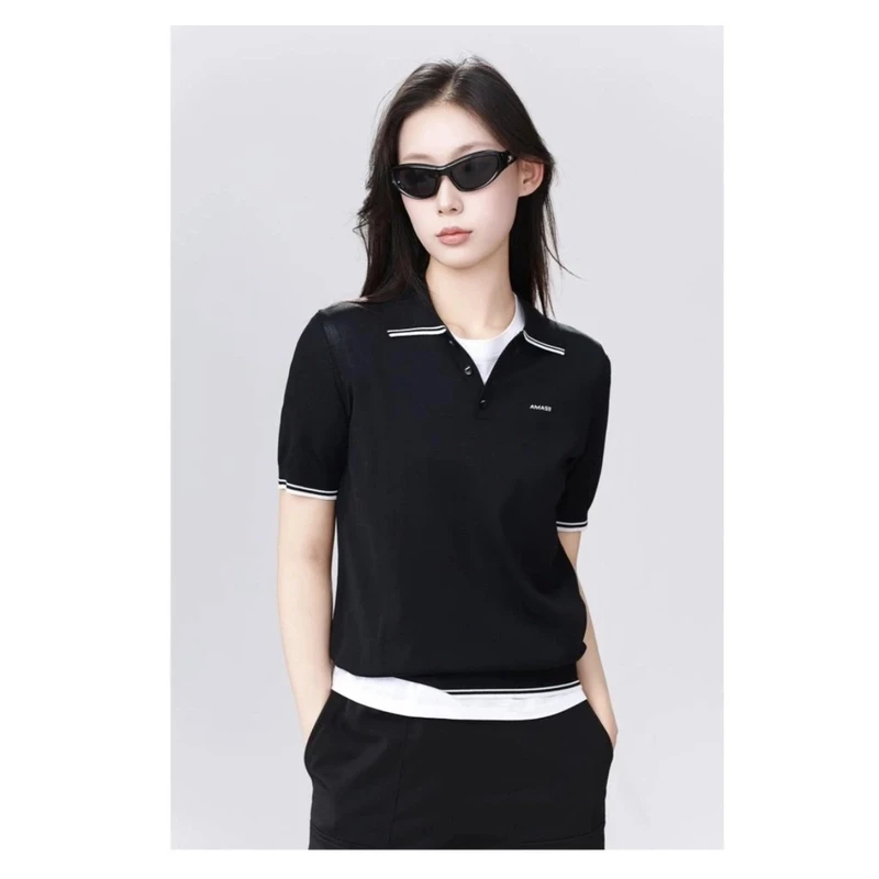 AMASS/阿玛施新款时尚休闲女经典简约质感正肩polo领针织衫538022