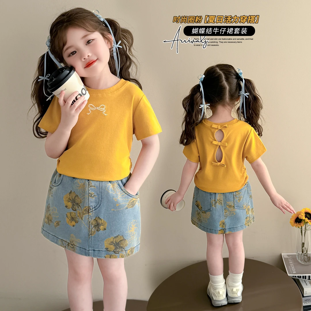 女童夏季蝴蝶结短袖T恤2025.夏季新款宝宝洋气圆领镂空上衣套装潮