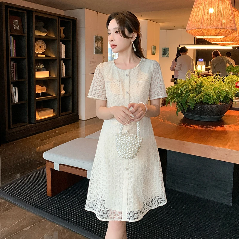 奢姿大码女装2025胖妹妹小香风名媛收腰时尚蕾丝短袖夏季连衣裙