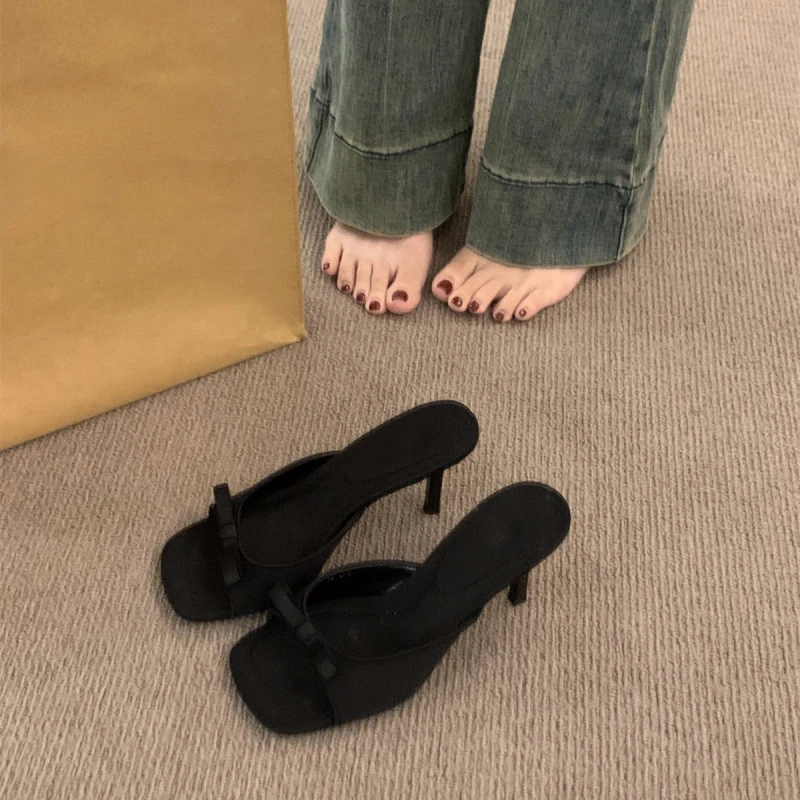 小众黑色蝴蝶结凉拖鞋仙高跟女鞋子时尚外穿法式凉鞋2025新款夏季