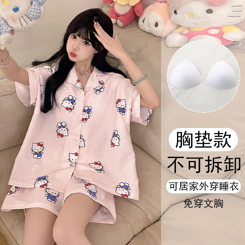 带胸垫女大学生睡衣女款爆款2025新款夏短袖宽松套装可外穿家居服