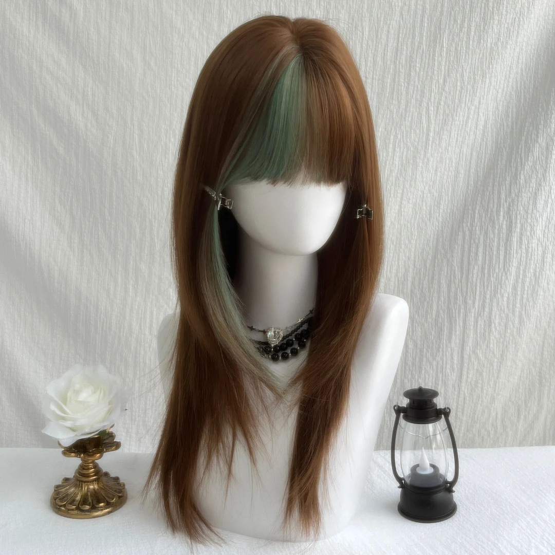 【鞠婧祎同款发色】原创设计清冷感刘海染蛋白丝中长发全头套假发