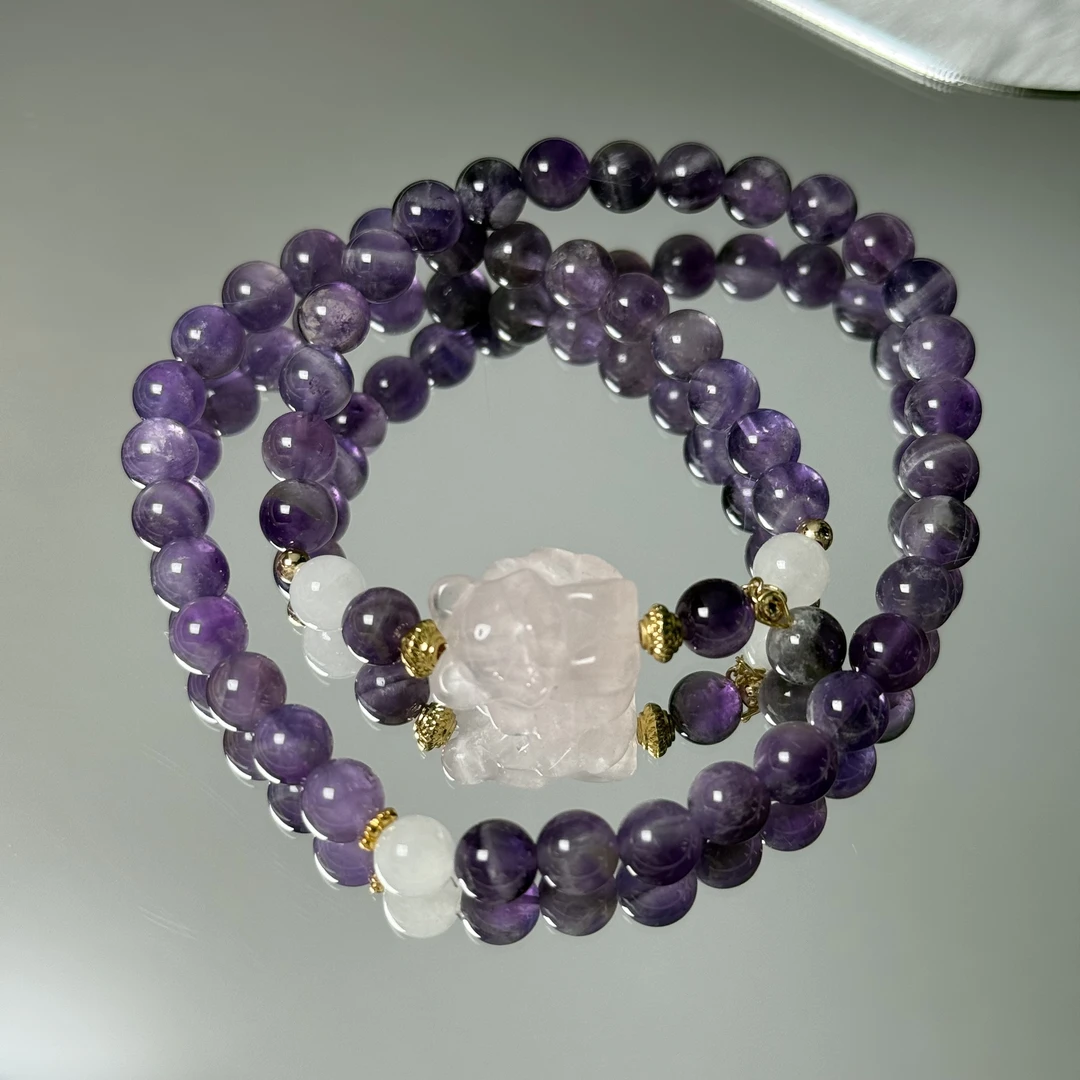 设计款双圈紫水+粉水精雕九尾狐多层百搭