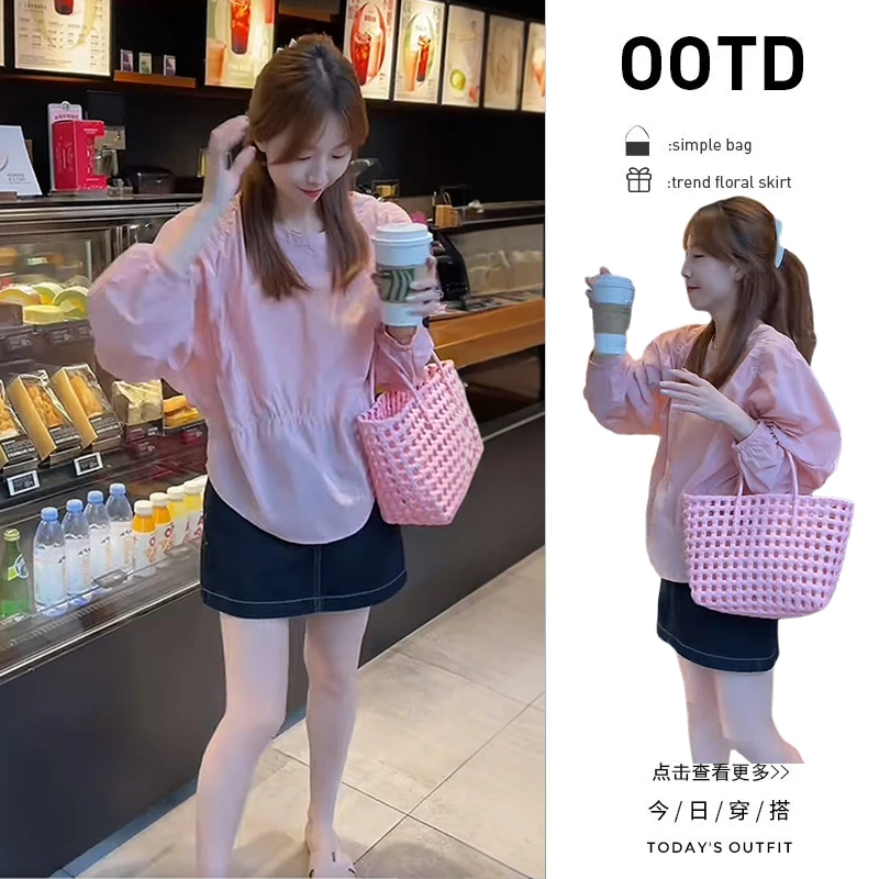 夏季洋气穿搭一整套2025新款粉色防晒衬衫高腰牛仔短裙两件套女