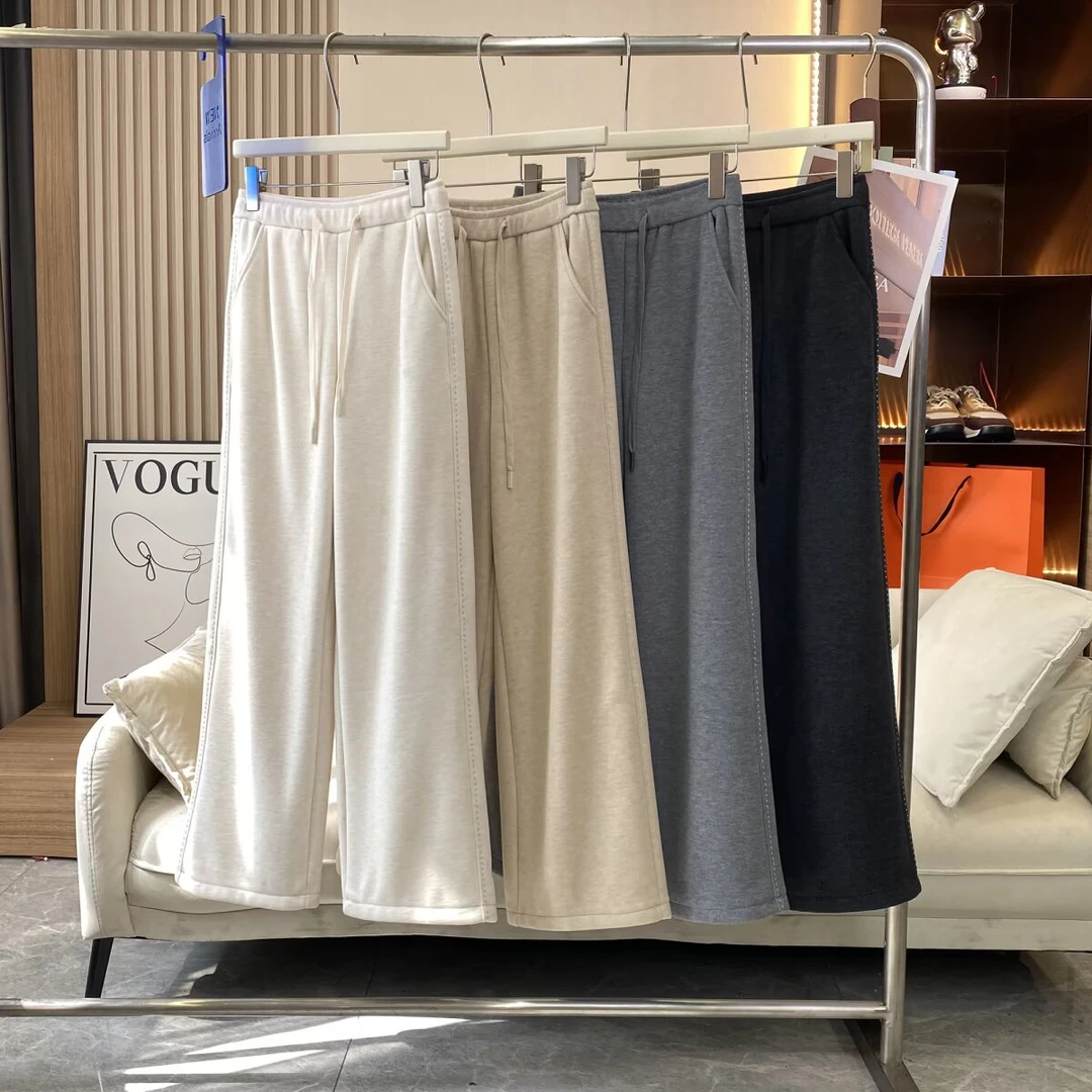 C017醋酸羊毛混纺一体雪花绒加厚保暖窄版直筒阔腿裤女秋冬