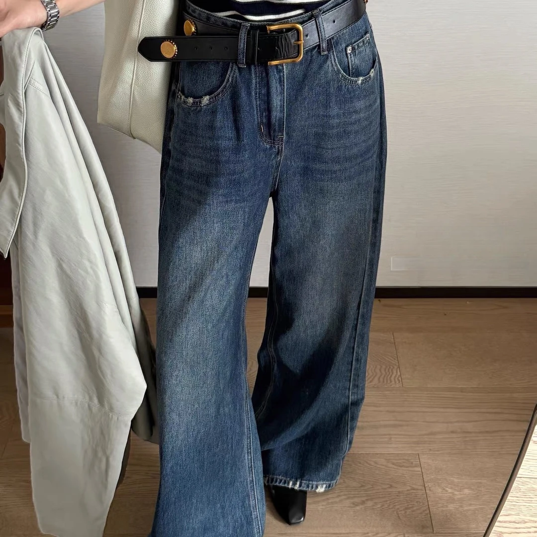 7598 Q大牌刺绣磨边工艺复古高腰阔腿牛仔裤女宽松百搭直筒裤子