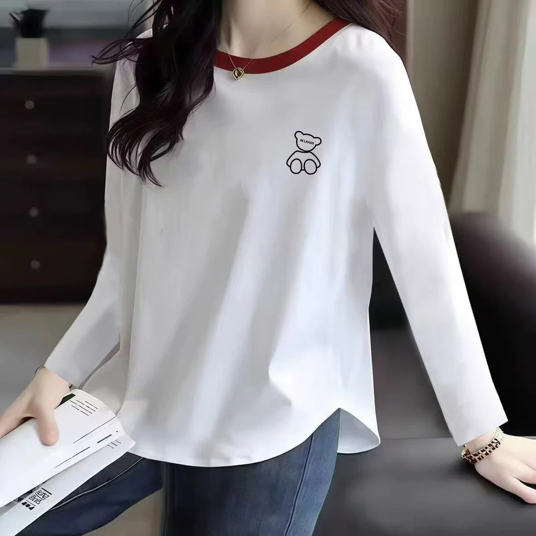 白色纯棉长袖t恤女2025春秋季新款大码弧形宽松显瘦打底衫上衣女