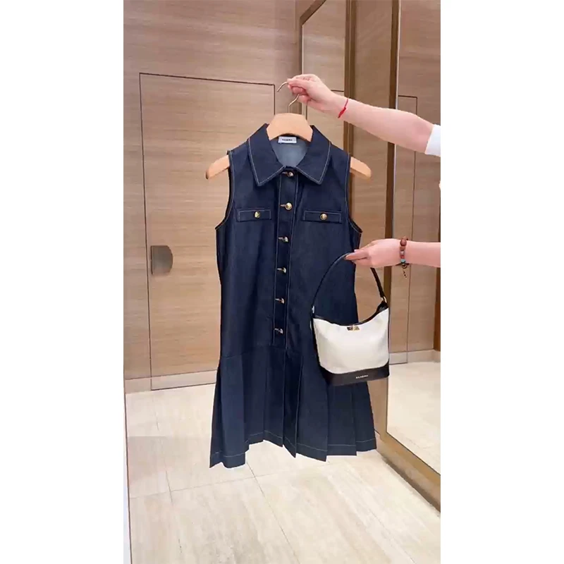 韩系复古蓝色无袖翻领连衣裙女夏季新款时尚设计感宽松显瘦A字裙