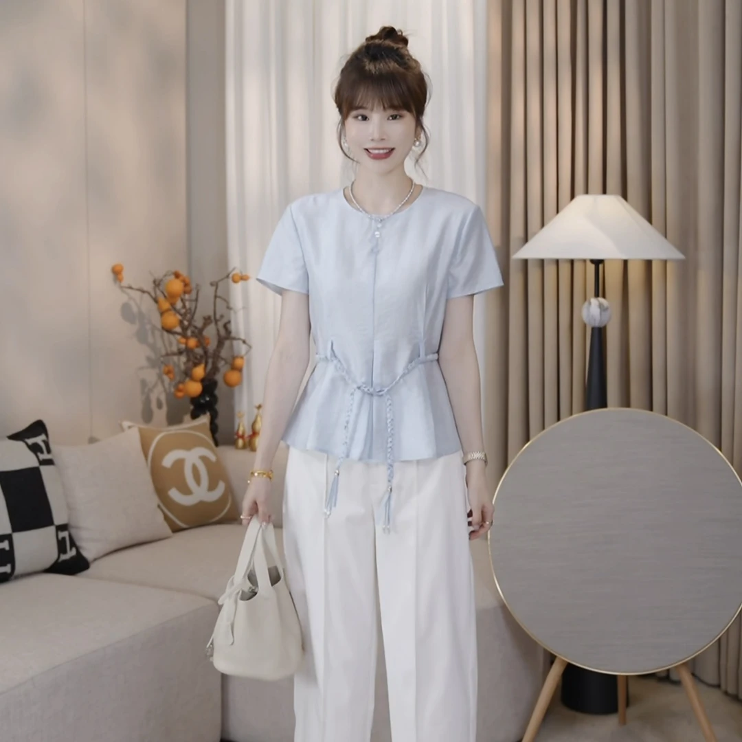 LMENY月光湖波~莱塞尔醋酸圆领收腰显瘦凉感小衫25BC042