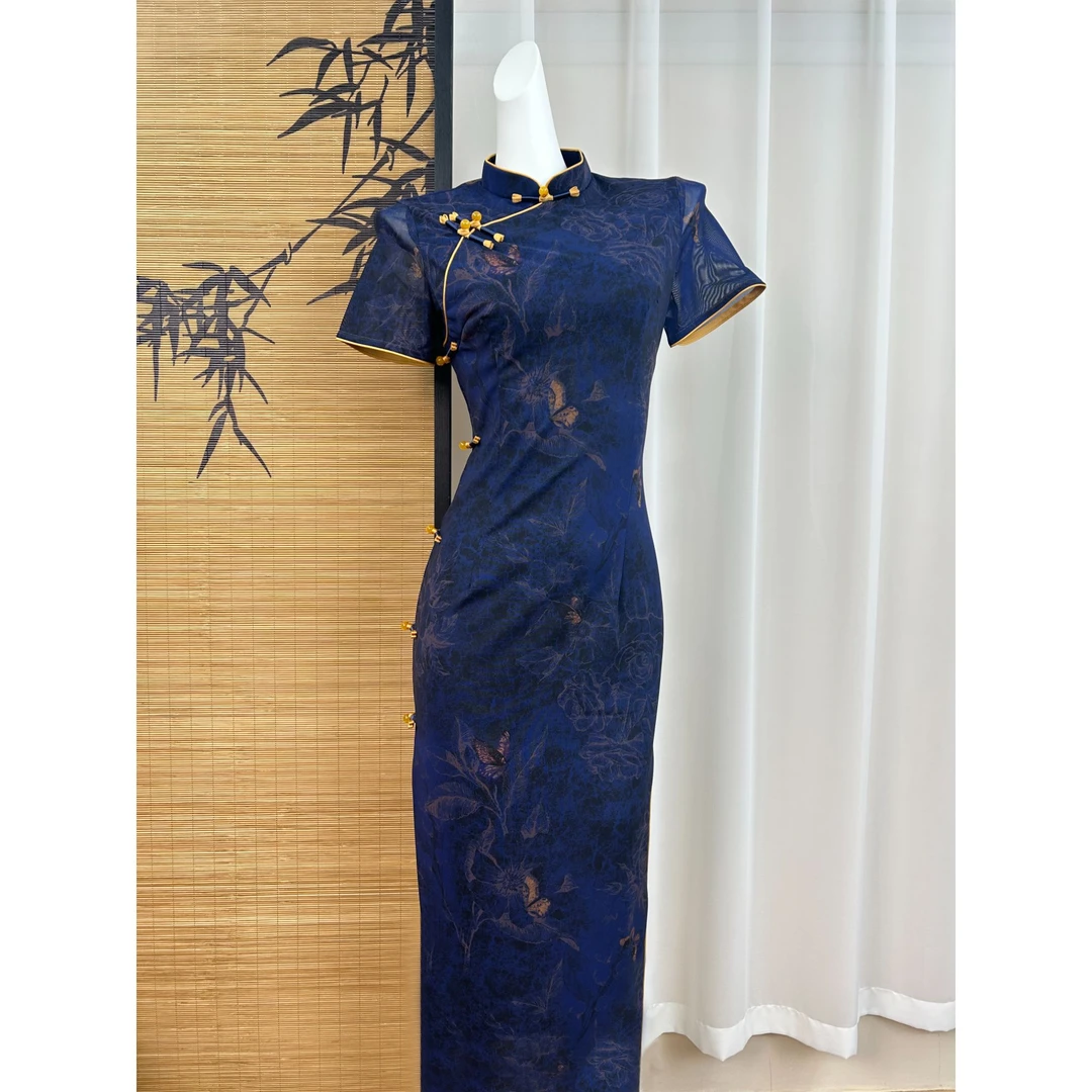 【梦蝶】蓝色新中式复古国风短袖旗袍2025年夏季新款日常修身年轻款