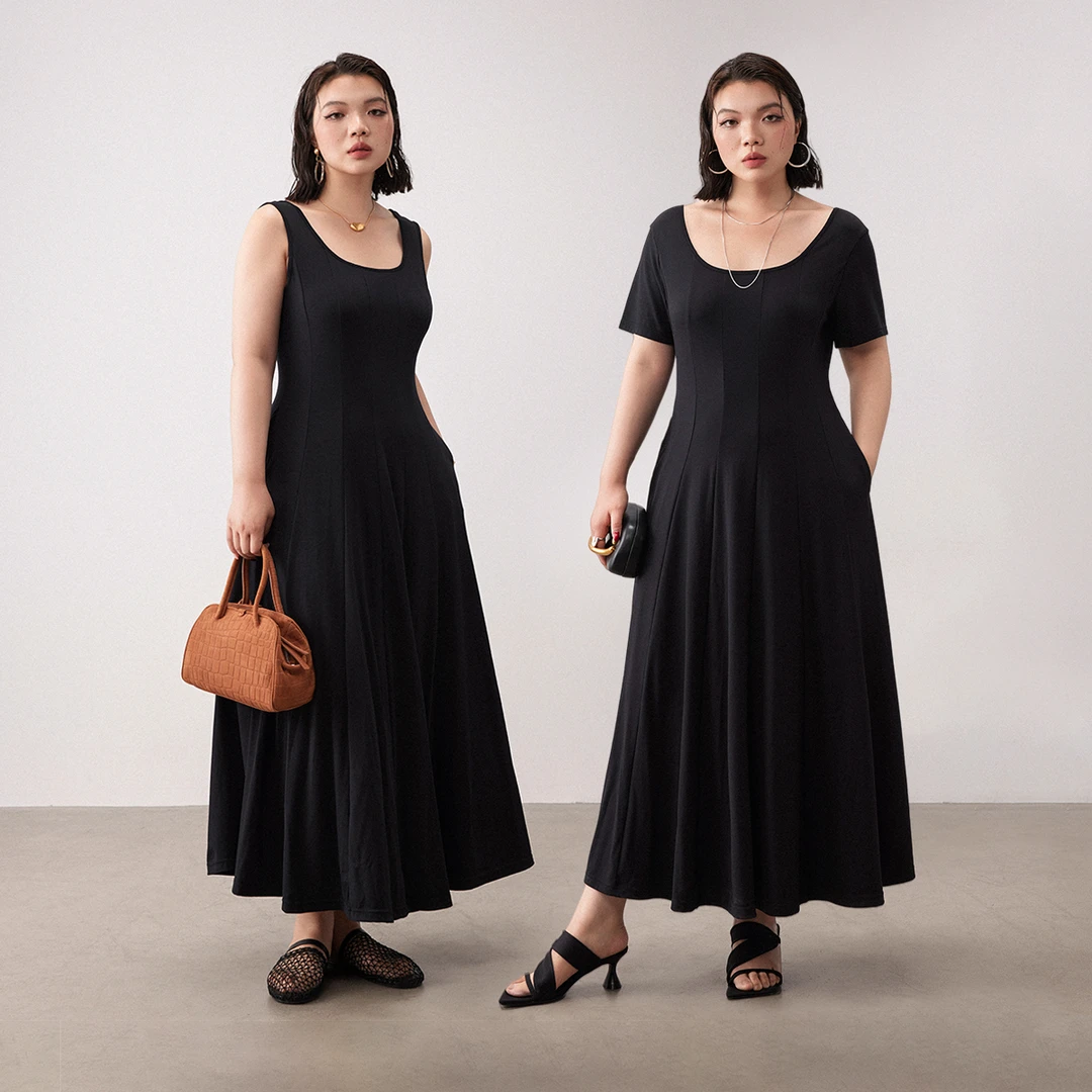 PLUSMALL 松露小黑裙 针织高弹冰氧无袖/短袖连衣裙PLUS2505001